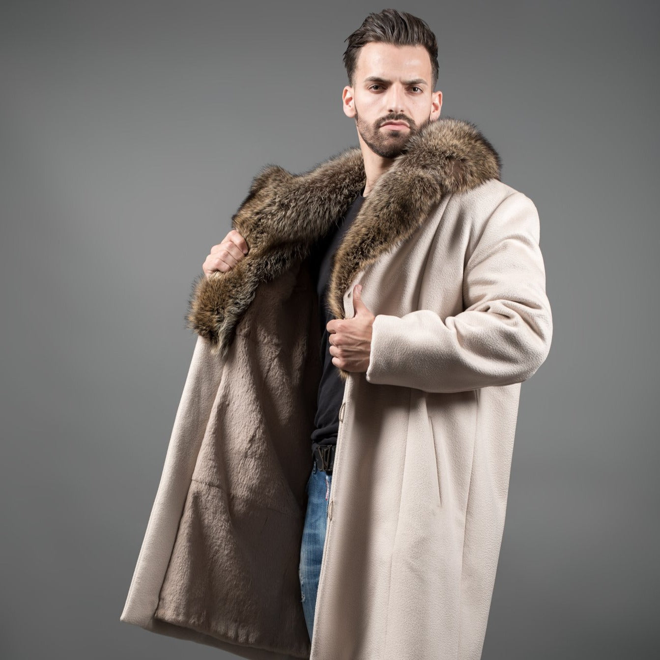 Fur Caravan Cashmere Coat with Raccoon Fur Collar