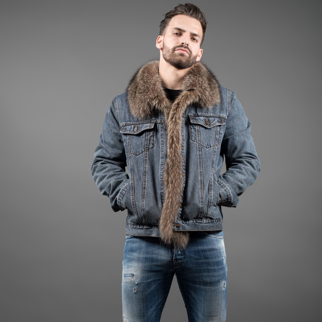 Fur Caravan Men's Denim Jacket with Fur 48
