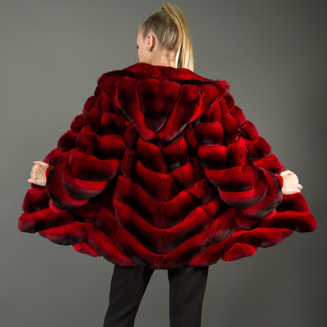 Fur Caravan Red Chinchilla Fur Coat with Hood for Women 42