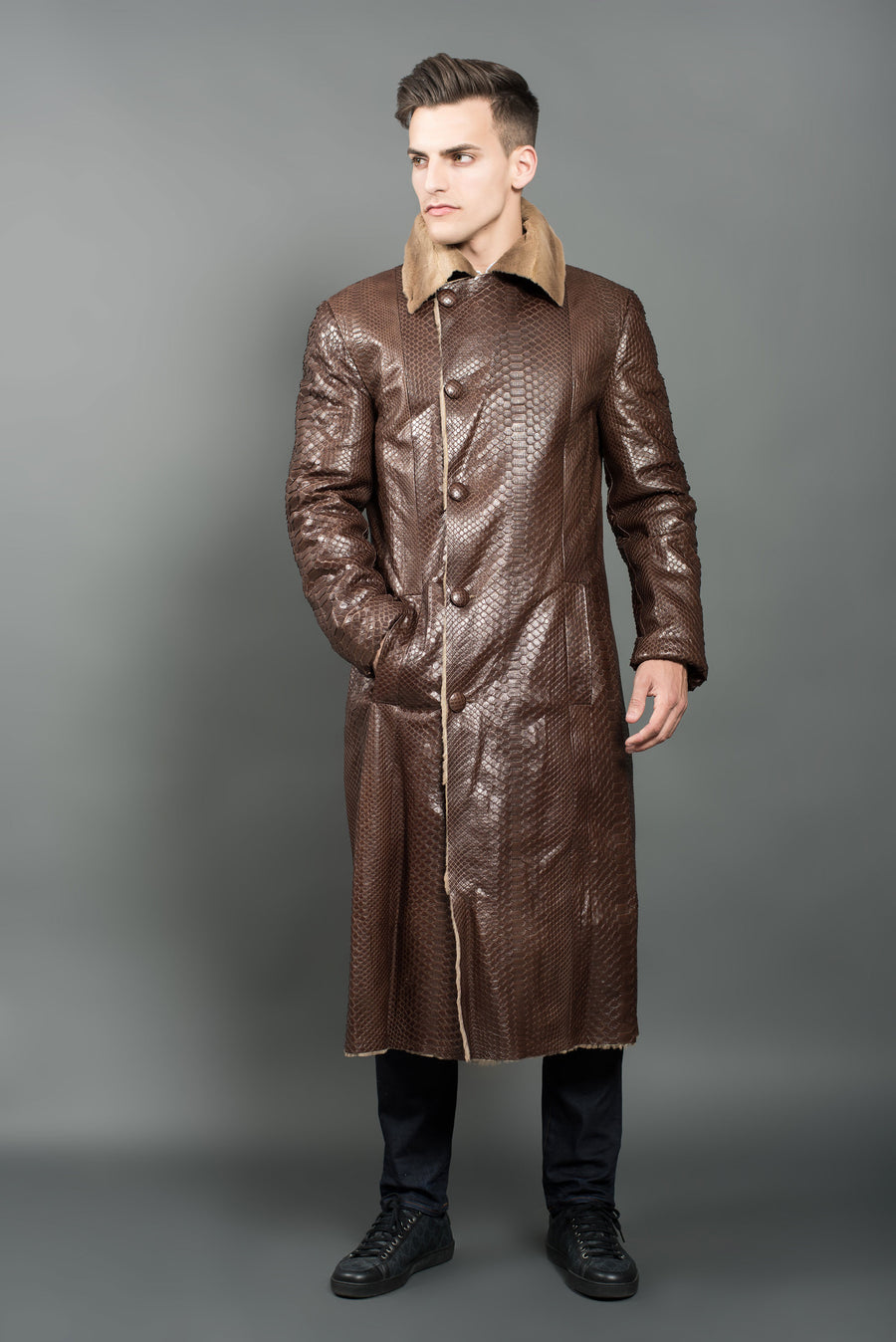 Brown Python Leather Men Coat
