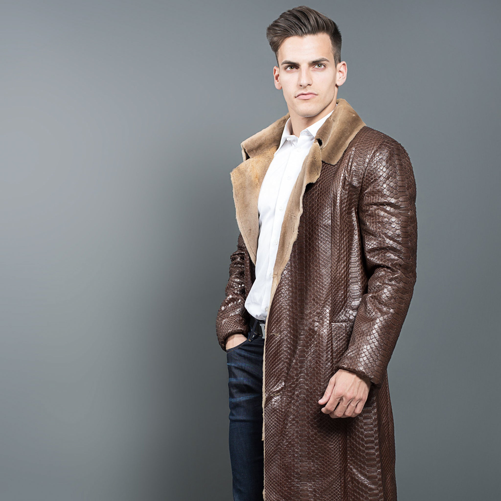 Long Brown Python Skin u0026 Leather Coat for men – Fur Caravan