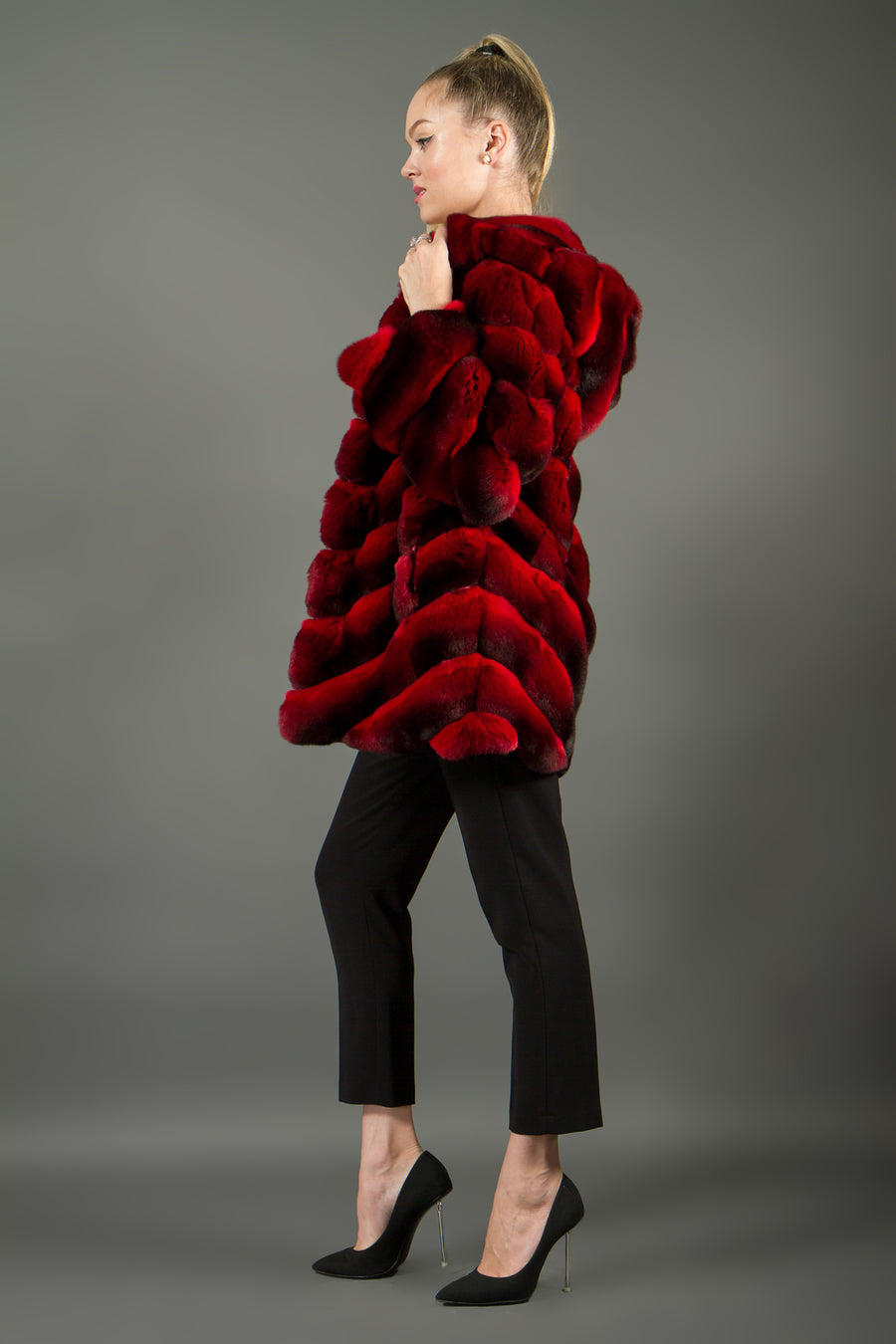 Red Chinchilla fur coat with hood luxury women
