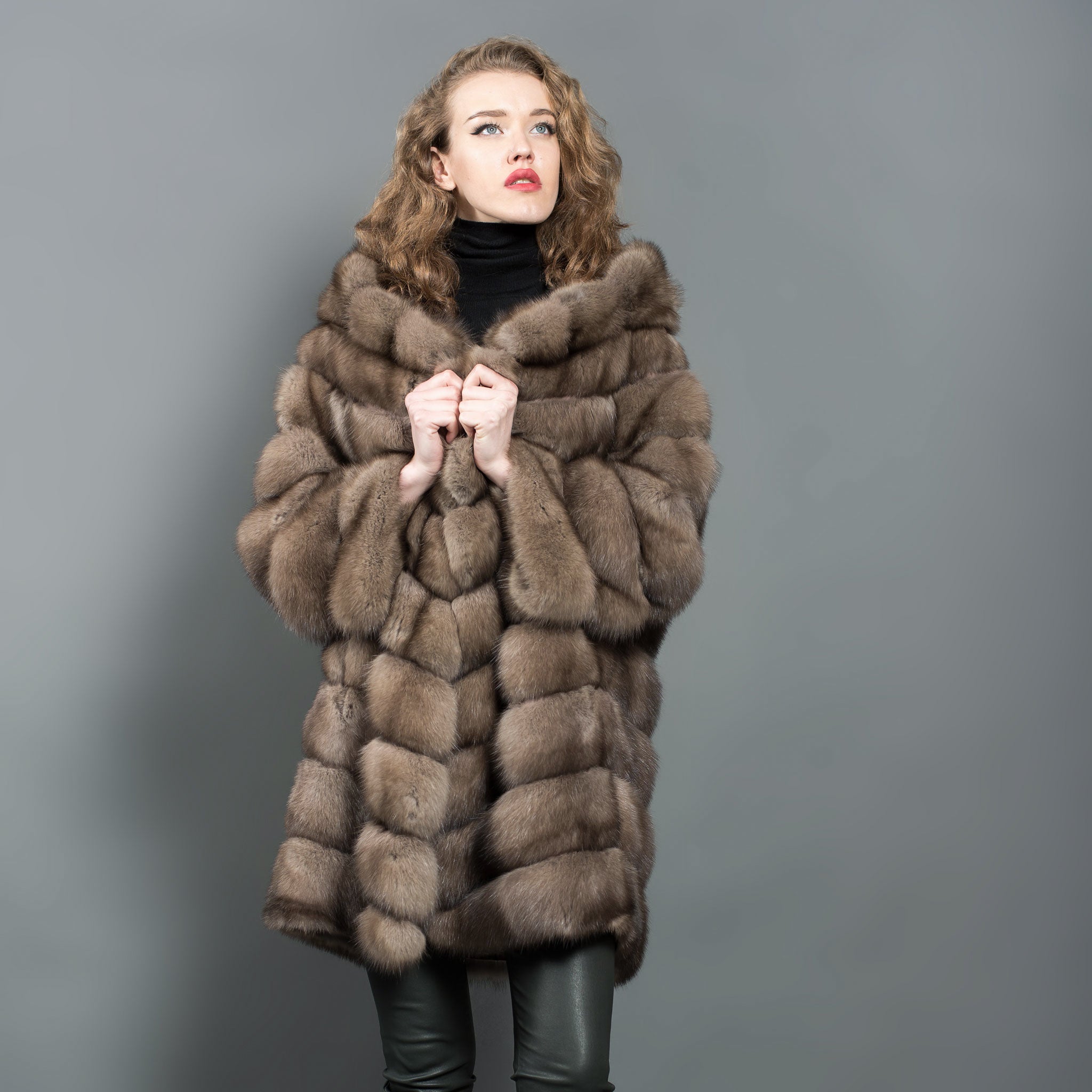 Reversible Russian Barguzin Sable Fur Coat with Hood for women