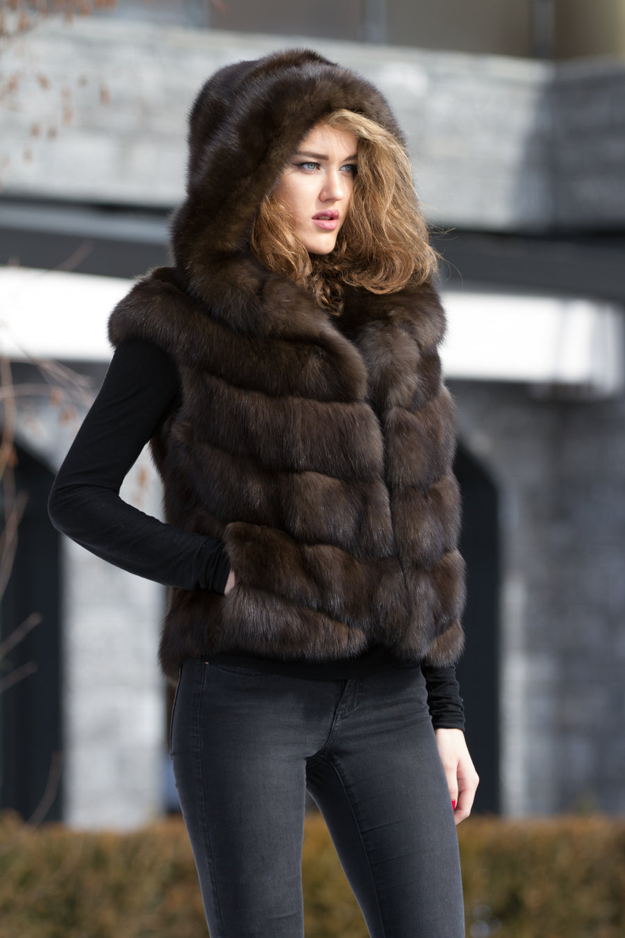 Russian Sable Fur vest with Hood luxury Gstaad