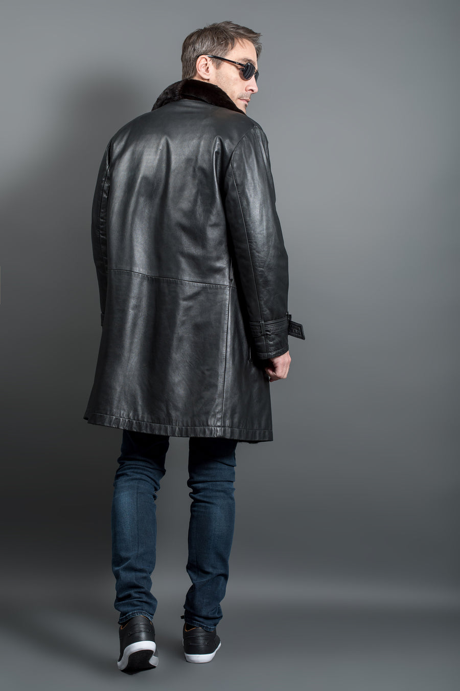 Dark Blue Mink Fur Jacket for Men with Detachable Leather Sleeves