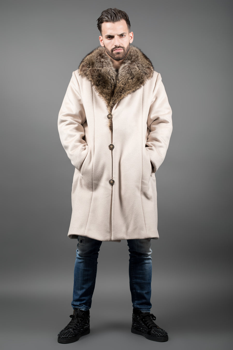 Men's Fur Coat Fashion Sheepskin Jacket Men Raccoon Fur Collar