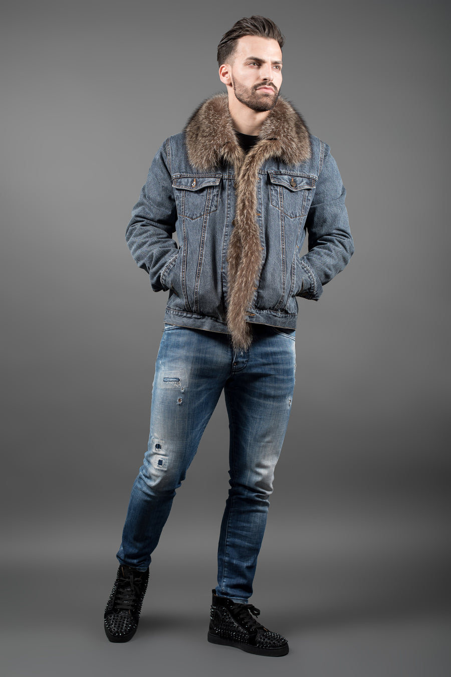 Beautiful Dark Brown Skin Girl in Denim Jacket with Fur · Creative Fabrica