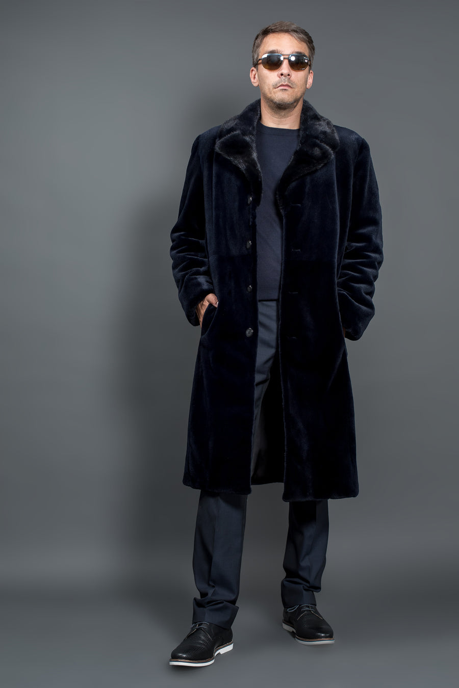 Dark Blue Mink Fur Jacket for Men with Detachable Leather Sleeves