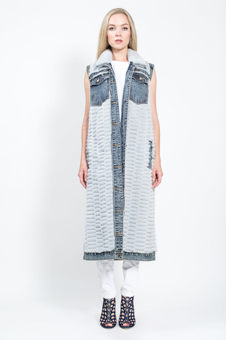 denim dress with fur vest Existence by Android Jones Fur Vest