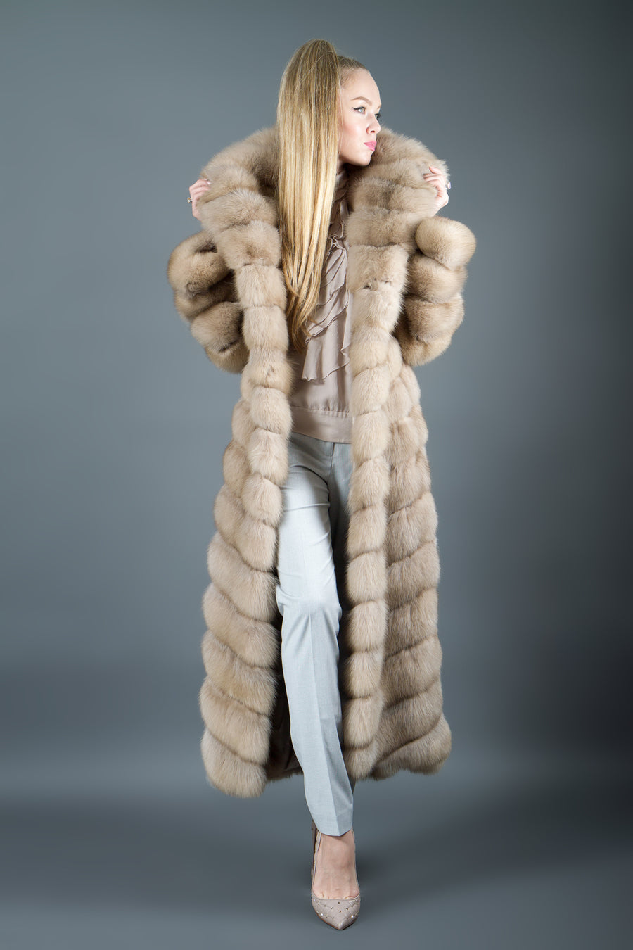 Long fur coat with hood exclusive Russian sable
