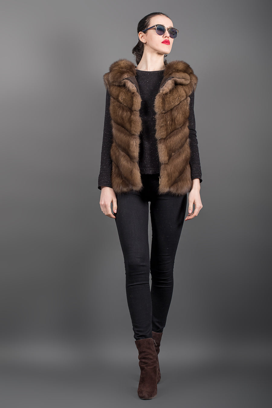 Russian Sable fur Vest with hood and zip