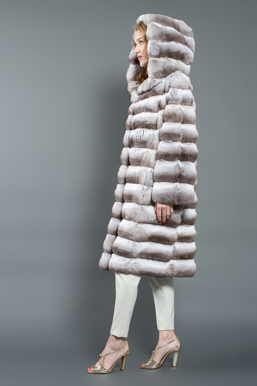Chinchilla Fur Coat with Hood beige