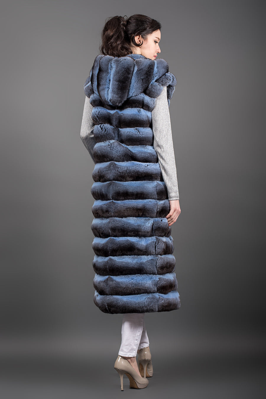Hooded Long Light Blue Chinchilla Fur Vest for women – Fur Caravan