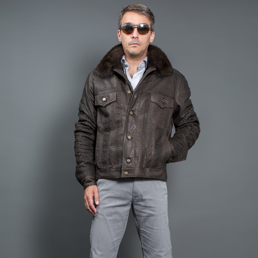 Python leather Jacket with Russian sable fur collar for men luxury