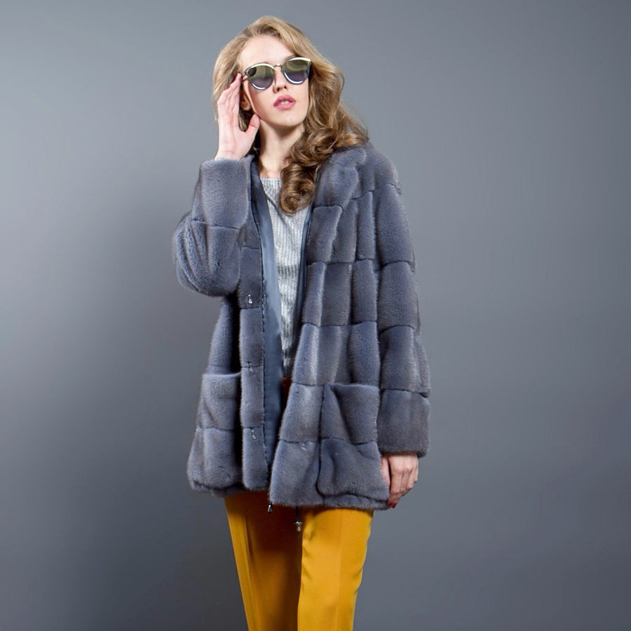 Grey-Blue Mink fur Parka with Hood and Patch Pockets for women