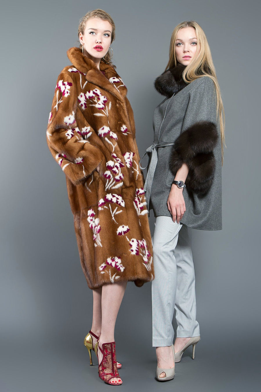 Brown Mink Fur Coat with Floral Design for Women
