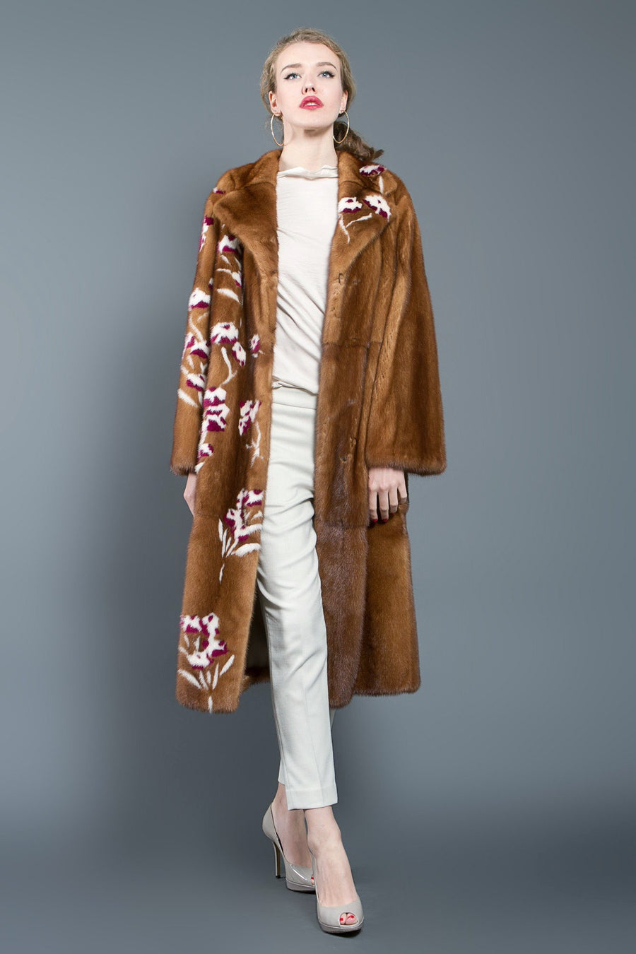 Brown Mink Fur Coat with Floral Design