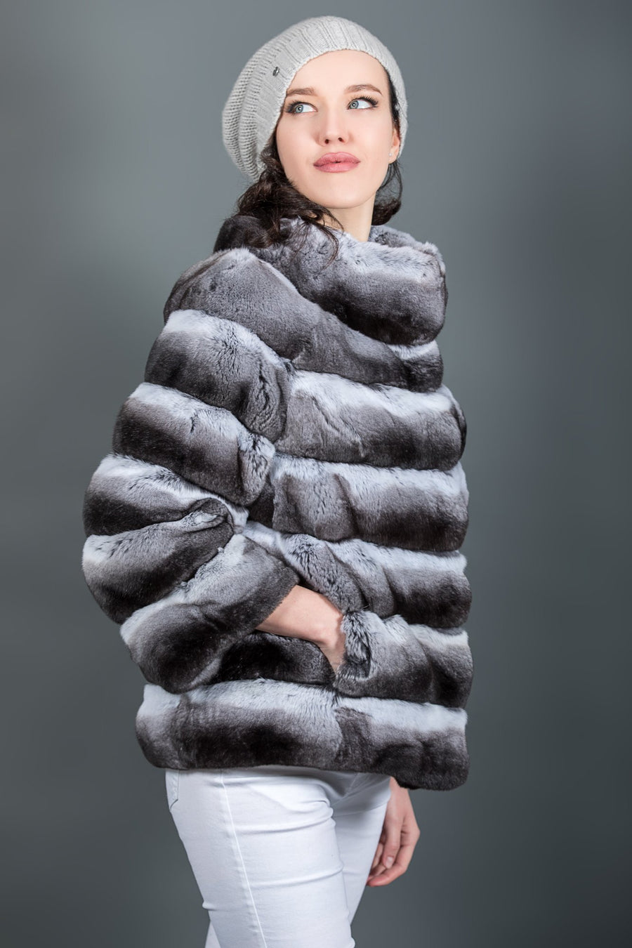 Medium Length Natural Silver Fox Fur Coat Stand Collar Woman