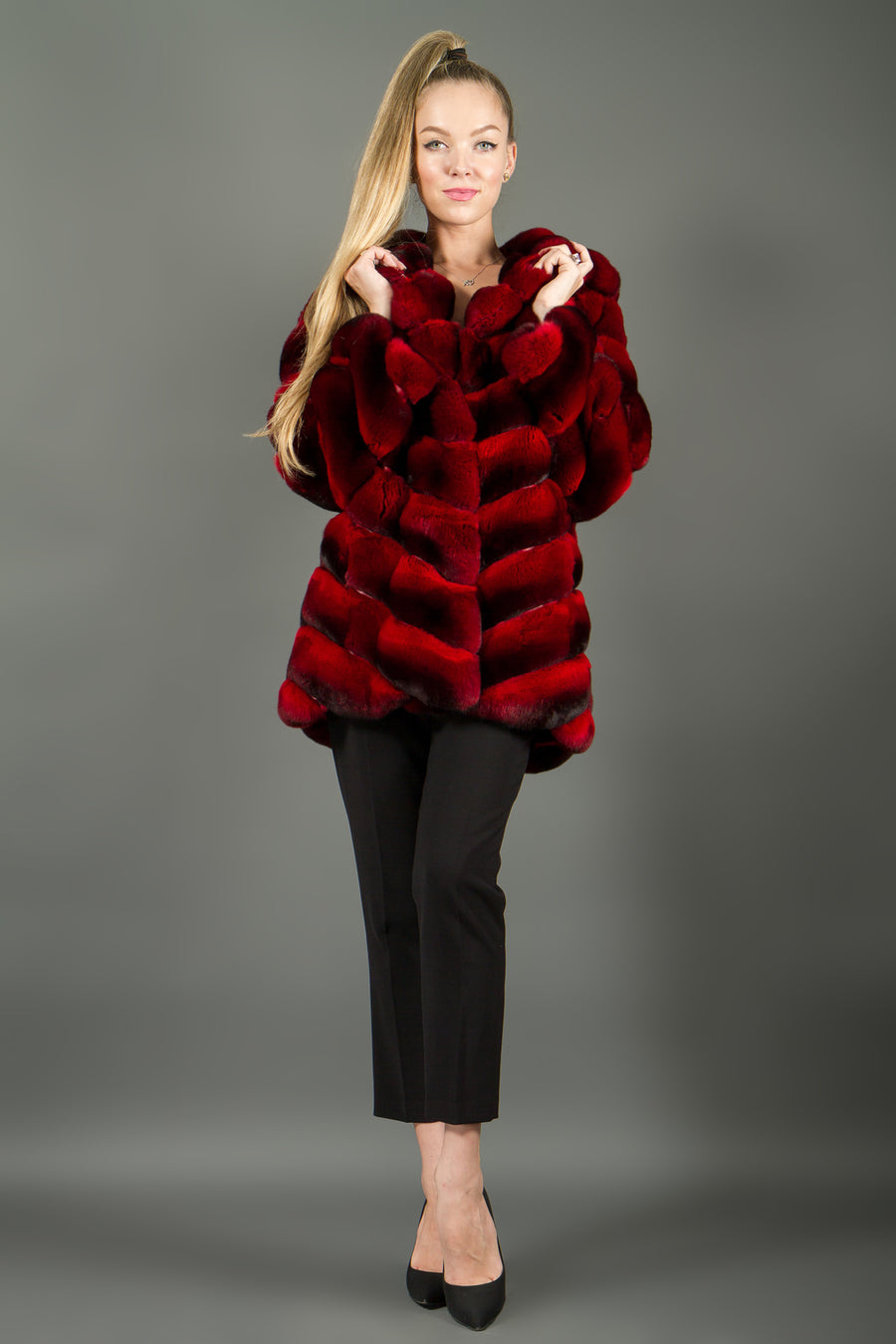 Red Chinchilla fur coat with hood for women – Fur Caravan