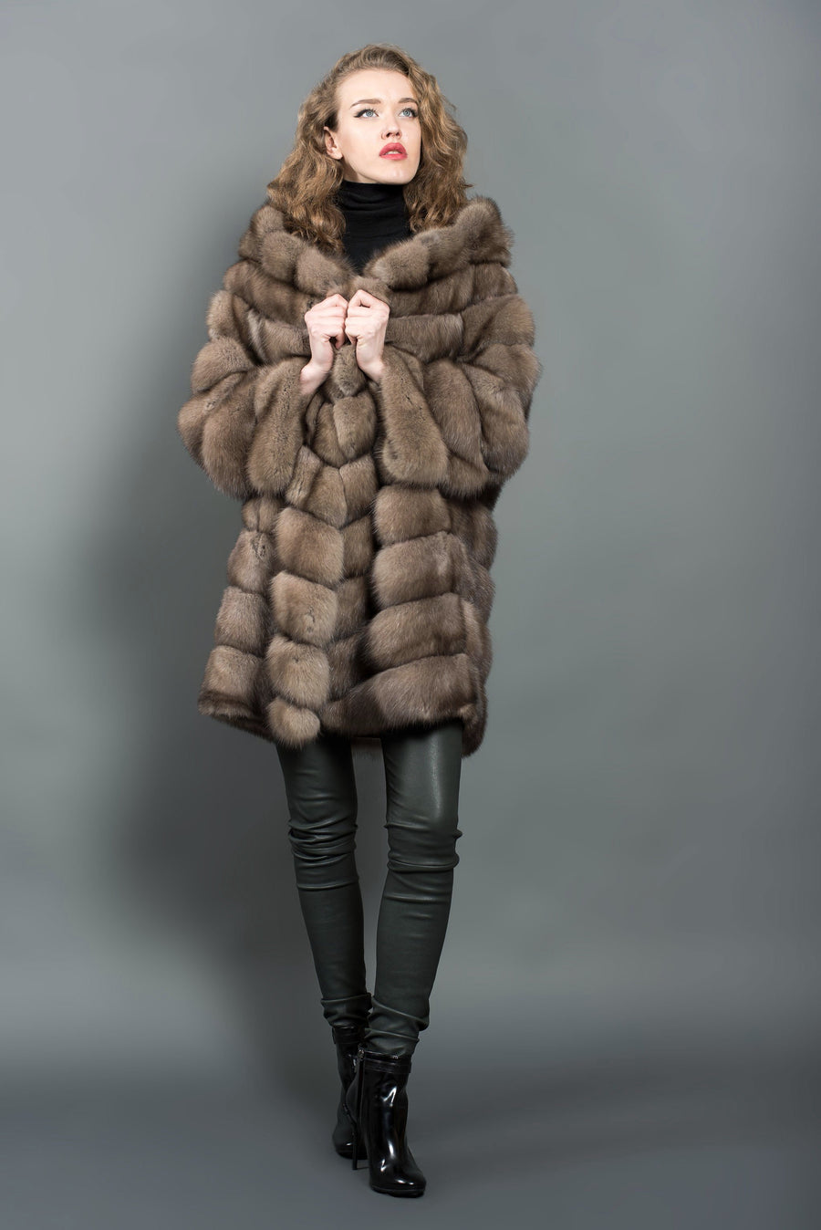 Reversible Russian Barguzin Sable Fur Coat with Hood for Women 42