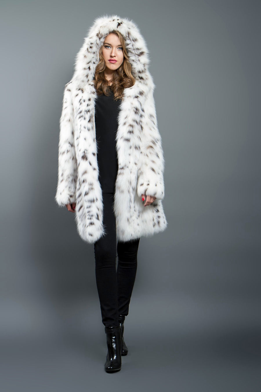 White Lynx Fur Coat with Hood (bobcat)